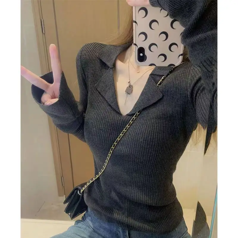 Deeptown Vintage Knit Sweater Women Korean Fashion Autumn Harajuku Long Sleeve V Neck Jumper Aesthetic Casual Pullover Gyaru