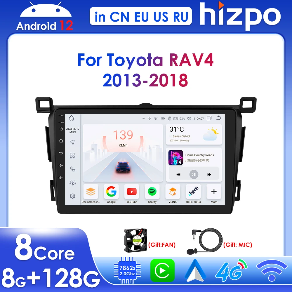 

Hizpo 9" Wireless Carplay for Toyota RAV4 2013 - 2018 Android Car Multimedia Player 4G GPS Navi Stereo Radio SWC BT DSP RDS 2din