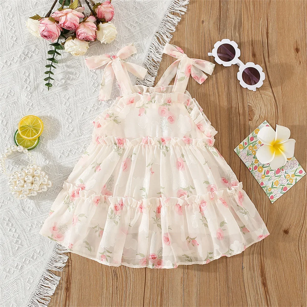 Summer Girls' Bow Tie Shoulder Strap Flower Holiday Style Beach Chiffon Loose Sweetheart Sleeveless Dress