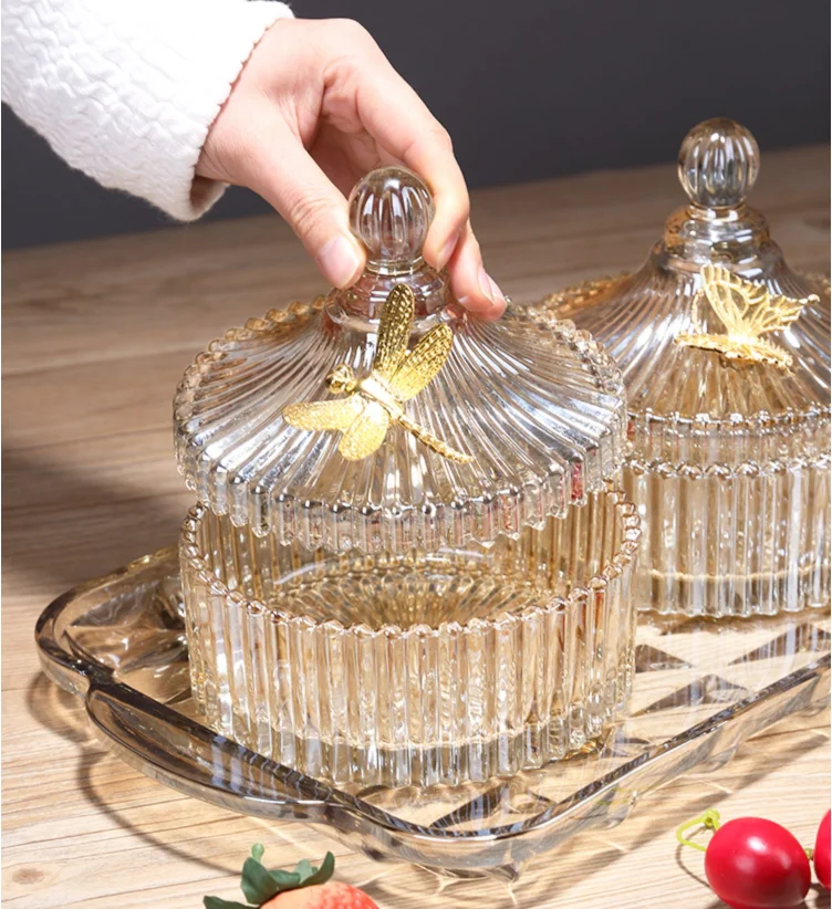 Home Storage Glass Jars and Lids Crystal Decorated Candy Jar Rectangular Storage Tray Household Snack Storage Jar Dessert Bowl