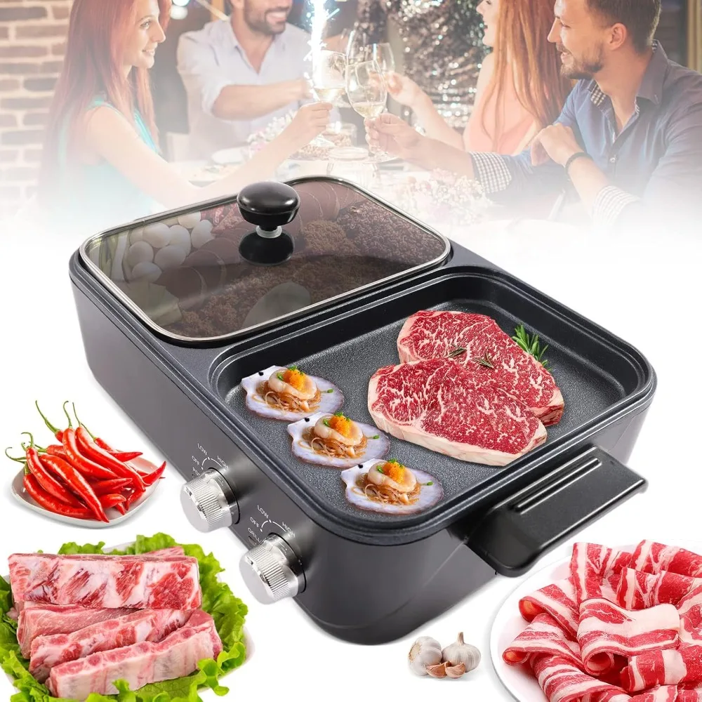 220V 1500W Electric Hot Pot with Grill 2 in 1 Multifunction Nonstick Griddle and Hot Pot Indoor Barbecue Grill with Hotpot