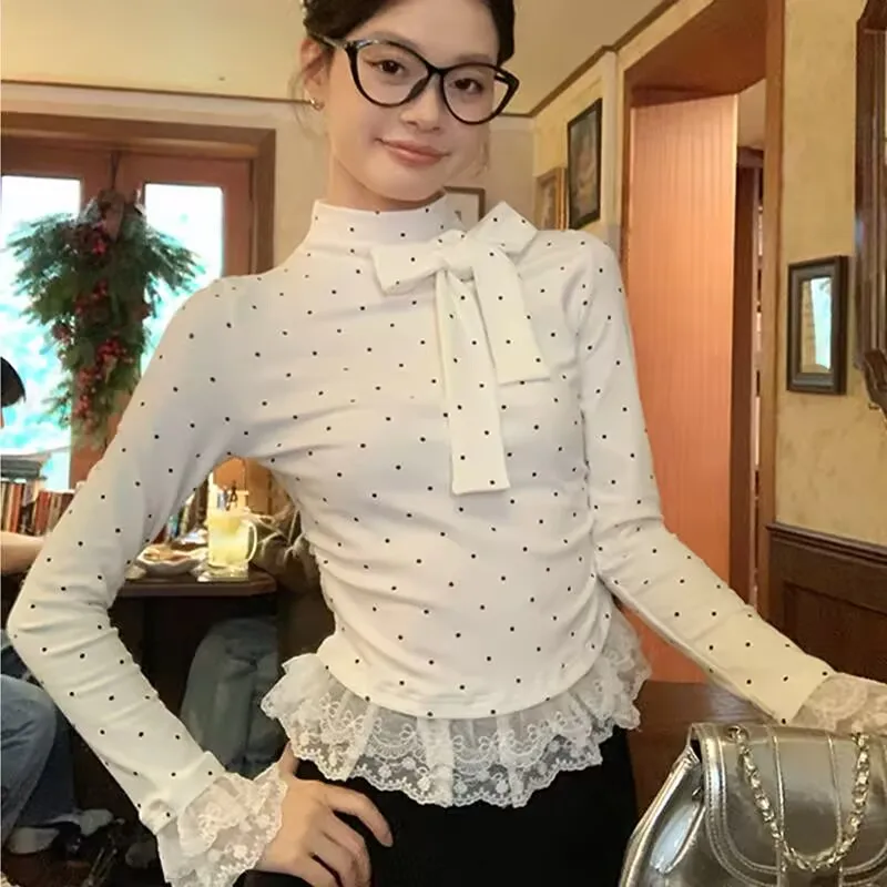 

Bowknot Lace Long Sleeve T-shirt New Women Spring Autumn Slim-fit Blouse Tops Korean Sweet T-shirt White Base Shirt