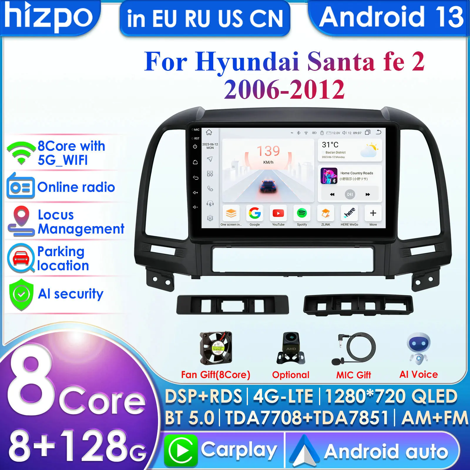 Hizpo 9'' AI Intelligent System Wireless CarPlay Android Auto Radio For Hyundai Santa Fe 2 2006-2012 Car Multimedia GPS 2din RDS