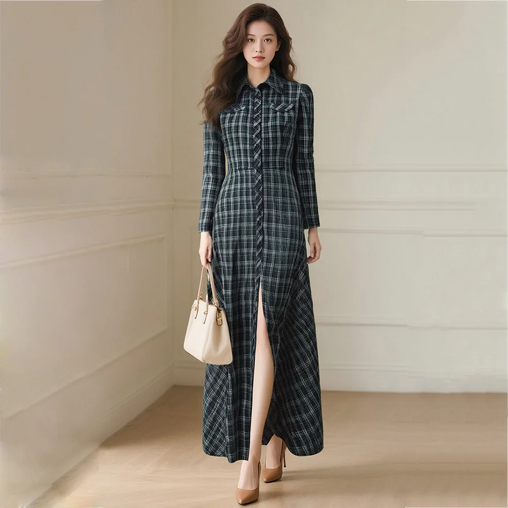 

New Women Spring Autumn Black Plaid Dress Fashion Turn-down Collar Long Sleeve Slim Waist Dress Casual Simplicity Female Dress