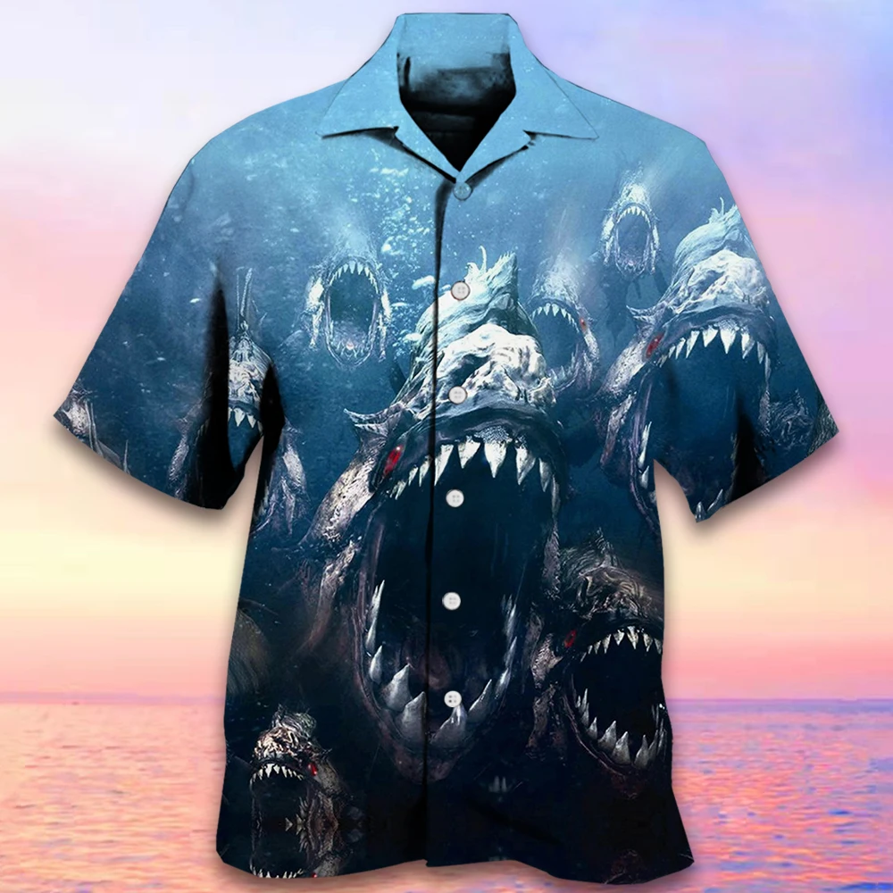 

Hawaiian Men's Short Sleeve Shirt Piranha 3D Printed Lapel Beach Shirt Men's Personality Scary Shirt