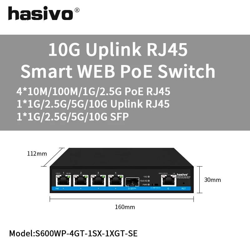 hasivo 4-Port-Web-Managed 2,5 Gps PoE oder kein PoE-Switch + 1x10G SFP + 1x10 Gps RJ45-Uplink 3