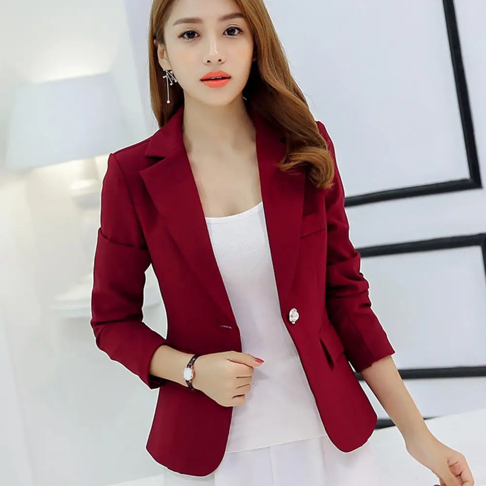 Women Blazer Lapel Long Sleeves Flap Pockets Spring Autumn Solid Color Single Button Slim Suit Coat Women