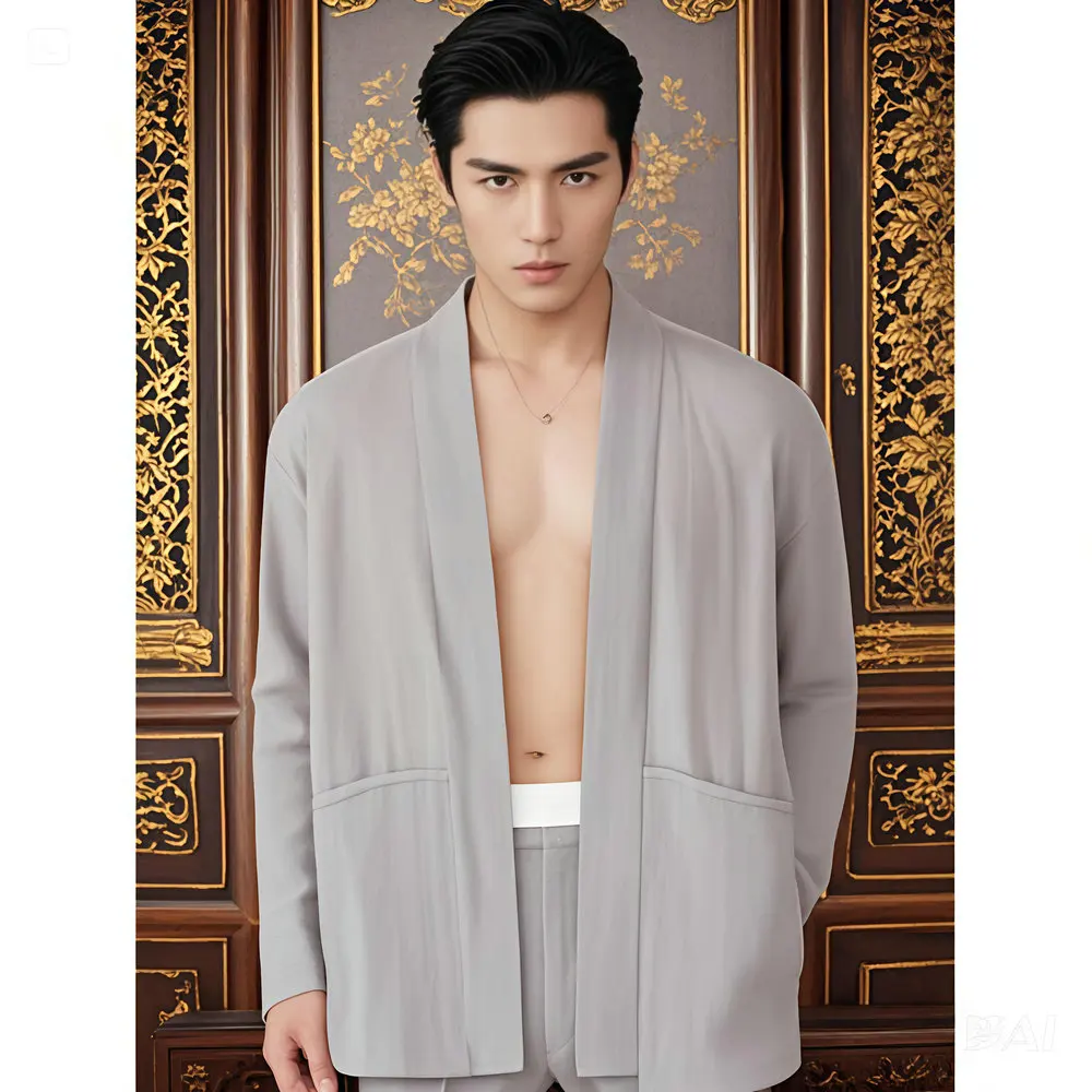 Relaxed Men's Linen-Cotton Cardigan Drop Shoulder Design & Knot Closure for Tai Chi/Tea Ceremonies Coat Minimalist Hanfu Look