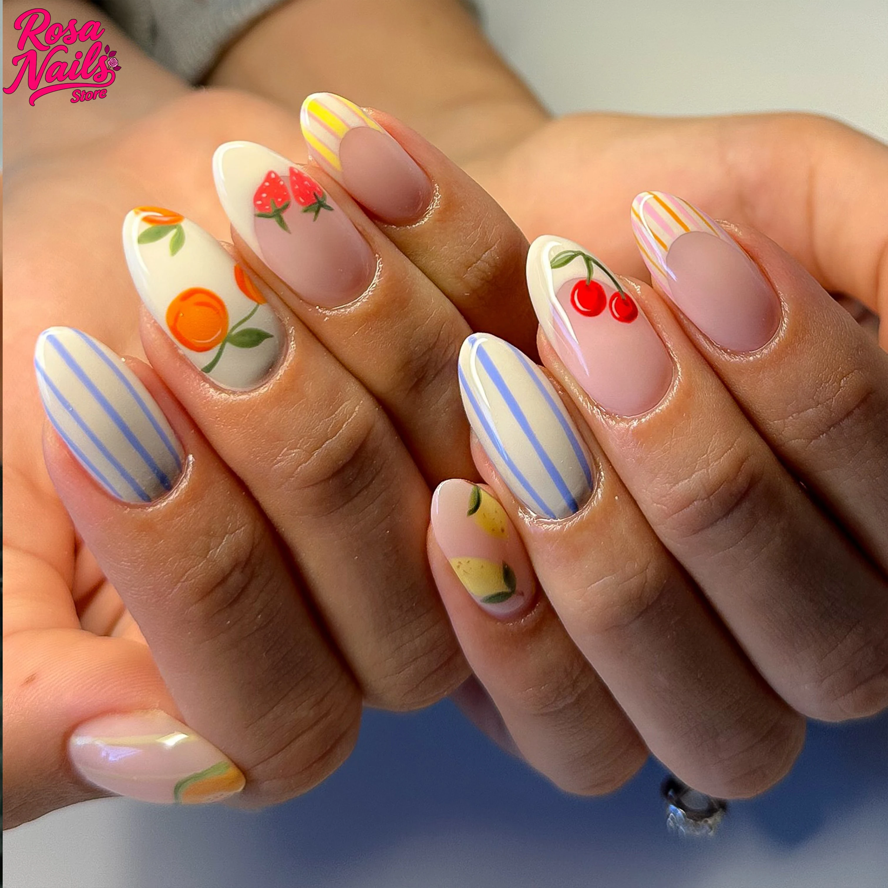 

Нажмите на ногти, ручная роспись, фруктовая полоска, накладные ногти, лимонная вишня, милый летний дизайн ногтей, толстые акриловые миндалевидные накладные ногти ручной работы