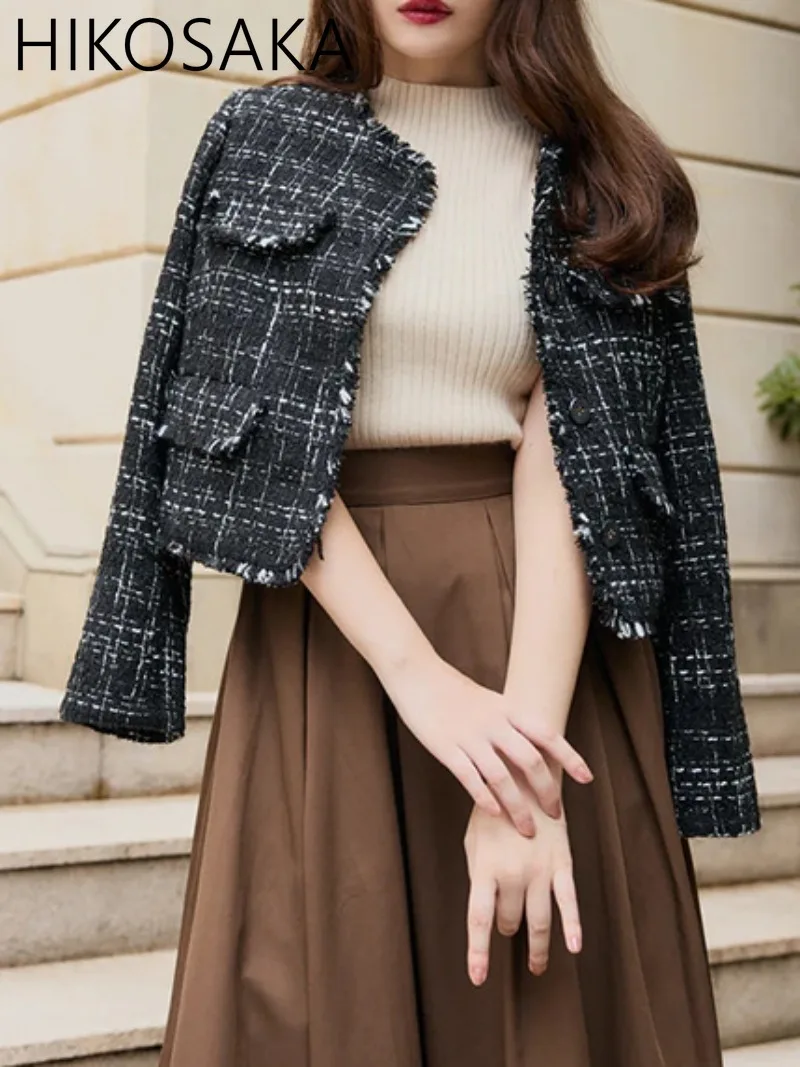 

Japan Style Office Lady Elegant Tweed Coats O-neck Pockets Long Sleeve Single Breasted Jacket 2024 Autumn Winter Chic Outwears