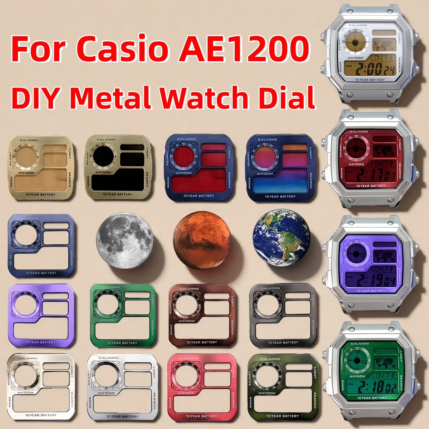 AE1200 DIY Metal Dial For Casio 3299 AE-1200 Copper Dial Mod kit Replacement Watch Faces Metal Sun Pattern Watch Accessories