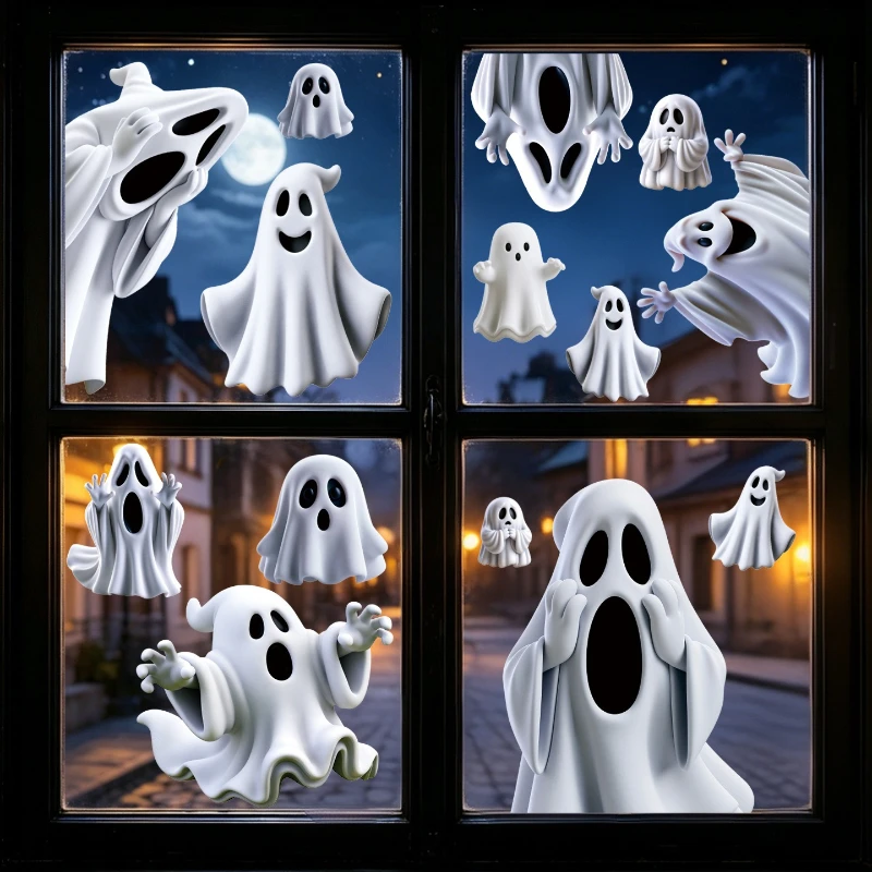 White Ghost Static Window Cling – Cute Ghost Adhesive-Free Glass Decal for Halloween Window Display