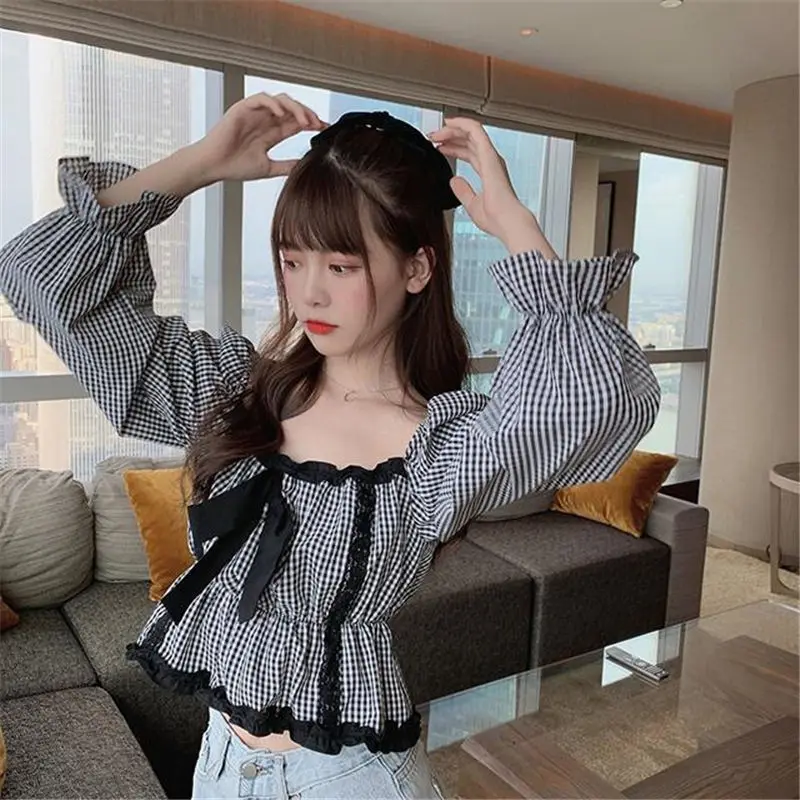 Crop Blouses Women Folds Plaid Vintage Slim All-match French Style New Spring Puff Sleeve Elegant Sweet Square Collar Girls Chic