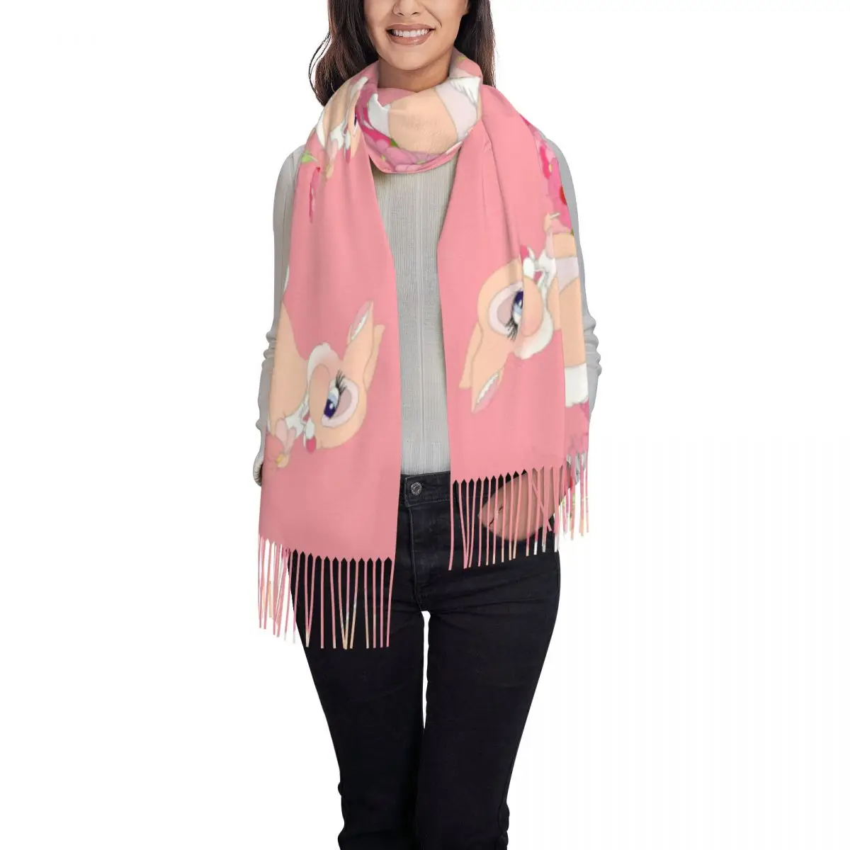 Custom Ladies Large Bambi Rabbit Cartoon Animes Scarves Women Winter Fall Soft Warm Tassel Shawl Wrap Scarf