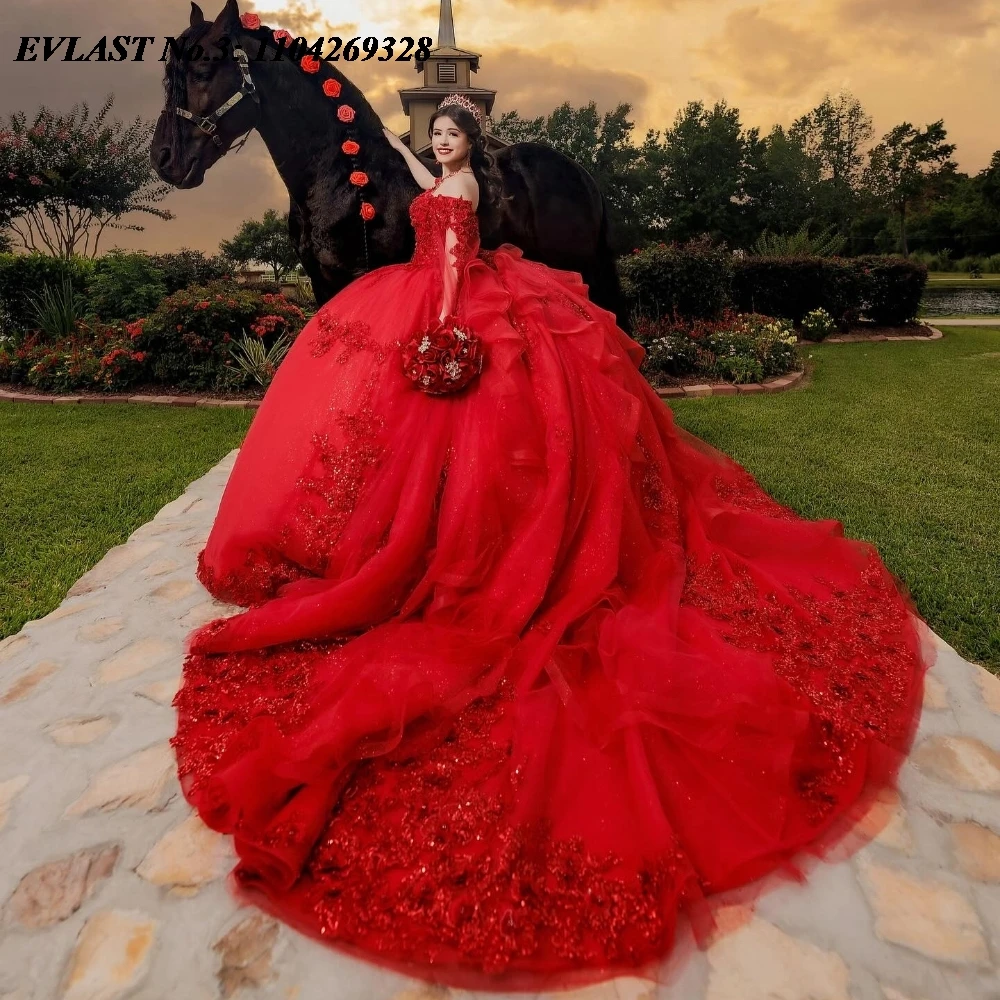 EVLAST Customized Shiny Red Quinceanera Dress Ball Gown Lace Applique Beading Cape Corset Sweet 16 Vestido De 15 Anos E3Q375