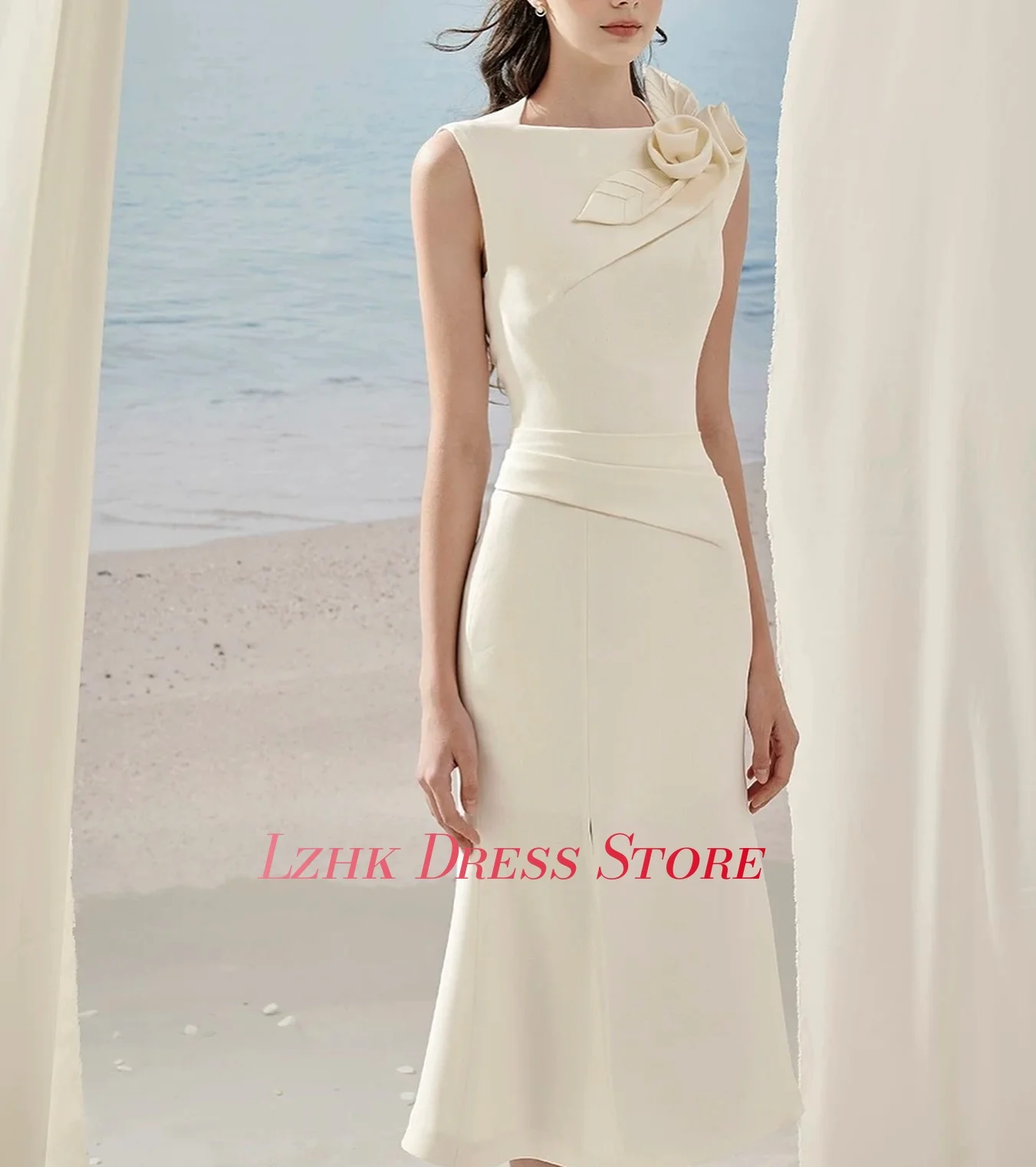 ชุดราตรีทรงเมอร์เมดคุณภาพสูงสั่งตัดพิเศษ แต่งดอกไม้ 3 มิติ แขนกุด คอทรงโอ ยาวระดับชา ฟัสต์อาน سهرات