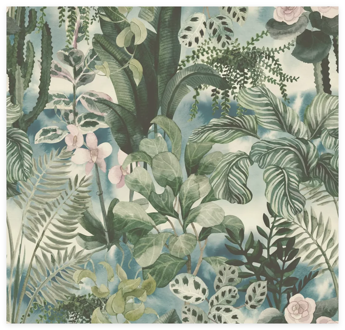 Southeast Asian Rainforest Plants, Leaves, Flowers, Mural Paintings, Customizable Sizes, Pattern Wallpaper, Full House Coverage