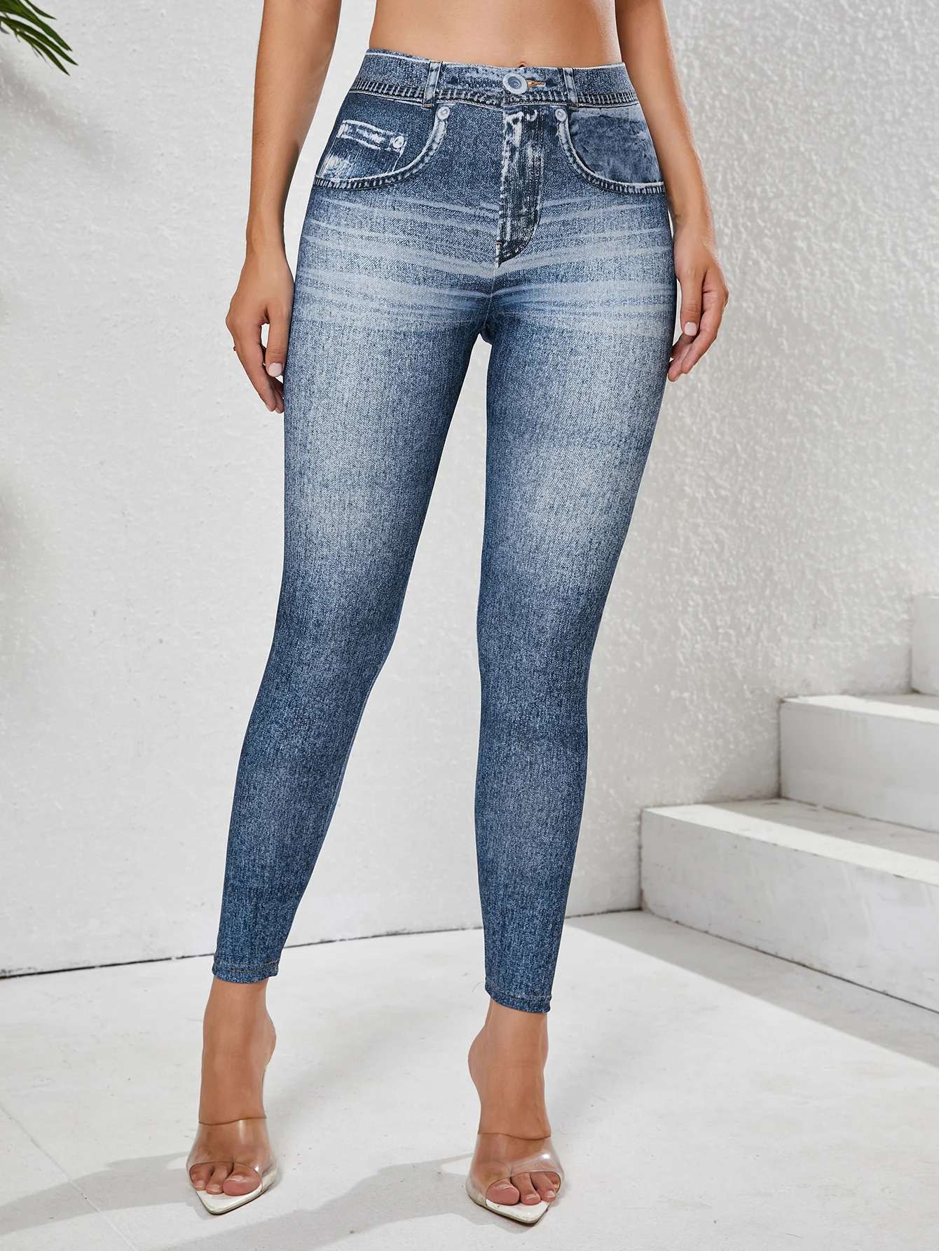 Damen-Leggings aus Denimimimimimitat mit Taschen, hoch dehnbar, bequem, Bauchkontrolle, Fitness, Fitnessstudio, Yoga, Alltagskleidung – Detail 2