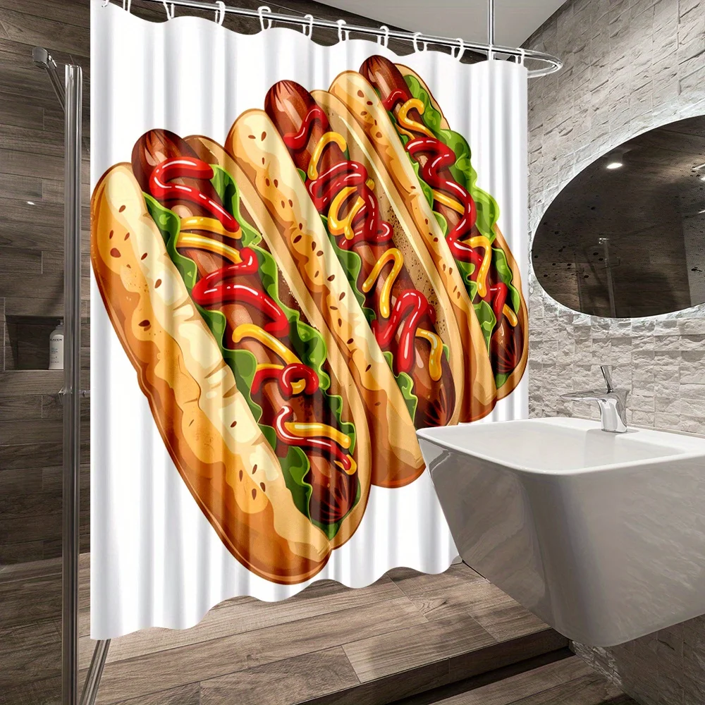 Funny Hot Dog Shower Curtain, 3D Fast Food Sausage Print Waterproof Bathroom Decor, Cute Cartoon Kitchen Home Bath Screen