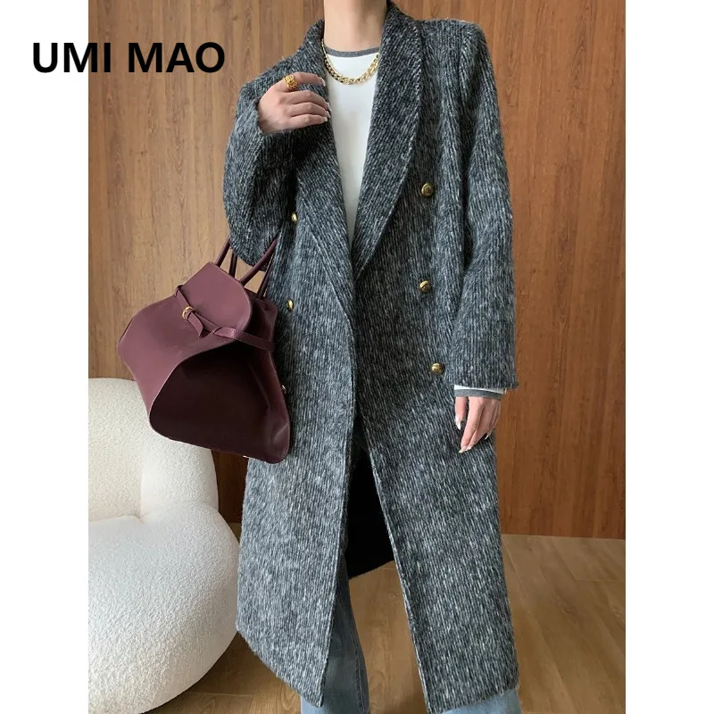 

UMI MAO Woolen Coat Women A Sense Luxury British Style Vertical Grain Wool Double-sided Coat Autumn Winter New Female Overcoat