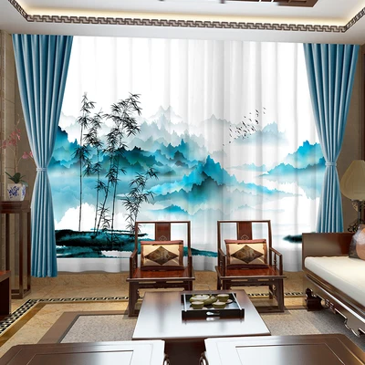 Custom Chiffon Sheer Curtain Window Drape for Bedroom Living Room Mountain Hills River Boat Bamboo Landscape