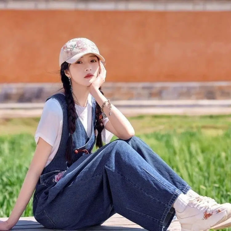 

New Chinese Sle Women's Denim Overalls Summer Vintage Embroidered Wide Leg Jumpsuit Anti-Aging Long Trousers Trendy