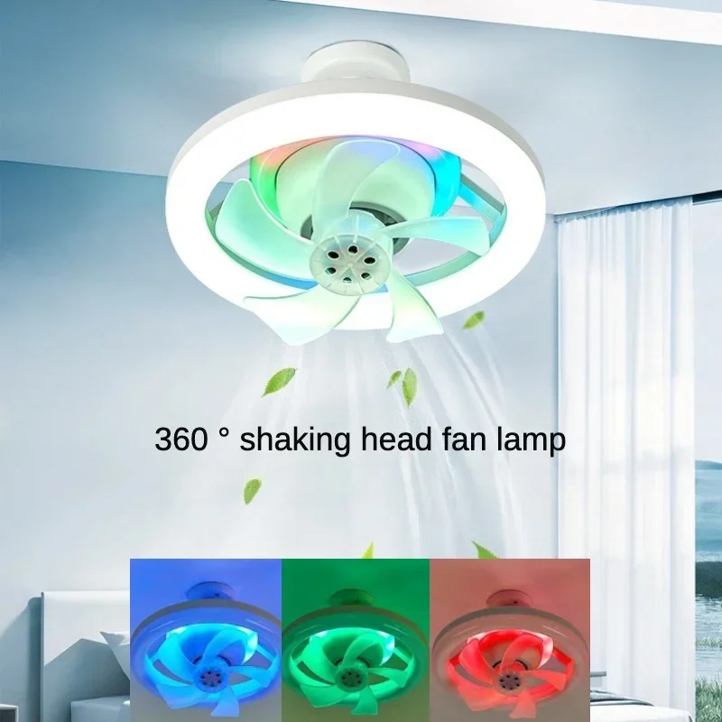 Ceiling Fan with Light 360° Moving E27 RGB Magic Color Smart Remote Bar KTV Atmosphere Living Room Decor LED Lamp with Fan