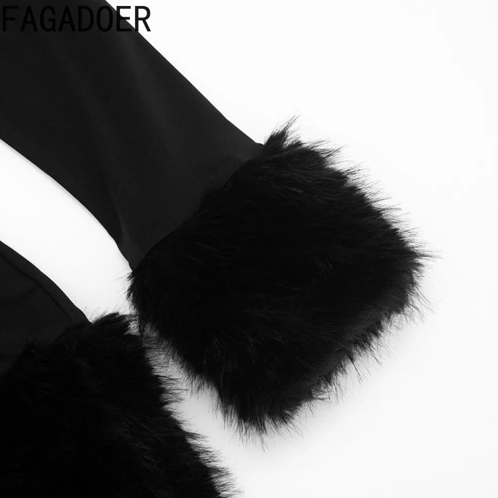FAGADOER Winter New Sexy Fur Patchwork Bodycon Dresses Woman  Solid Color Deep V-neck Long Sleeves Dress Female Party Clubwear