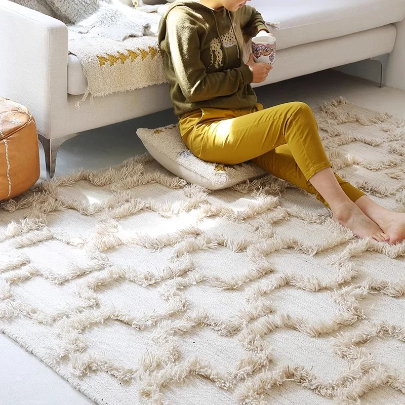 Nordic Minimalism Solid Color Wool Carpet Living Room Hand Woven Cream Rugs for Bedroom Decor Warm Parlor Sofa Coffee Table Mat