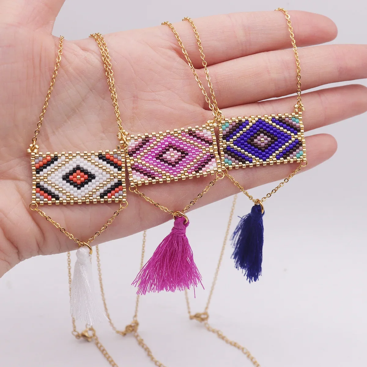 Rice bead necklace Geometry Hand weaving Bohemia Adjustable Pattern Fashion Originality Beaded necklace