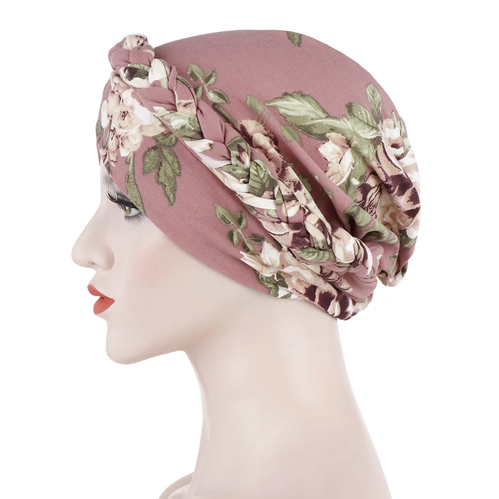

2026 New Women'S Printed Brushed Milk Silk Headscarf Hat Fashionable Floral Cloth Short Braid Headband Muslim Hat
