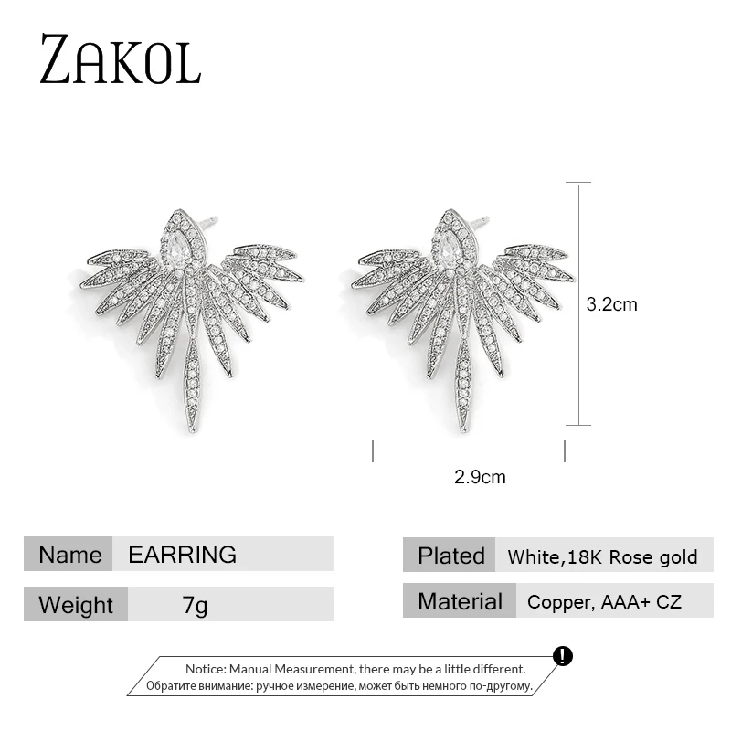 ZAKOL Elegant Feather Shape Gold Color High Quality Cubic Zirconia Jewelry Party Stud Earrings for Women