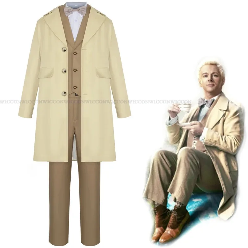 

qq023Good Cos Omens Angel Aziraphale Devil Crowley David Косплей Костюм Хэллоуин Мужской Костюм Ретро Круглые Металлические Очки Стимпанк