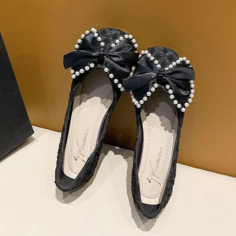 

2026 New Style Women's Slip-On Flats Square Toe Low Cut Soft Sole with Pearl Bow