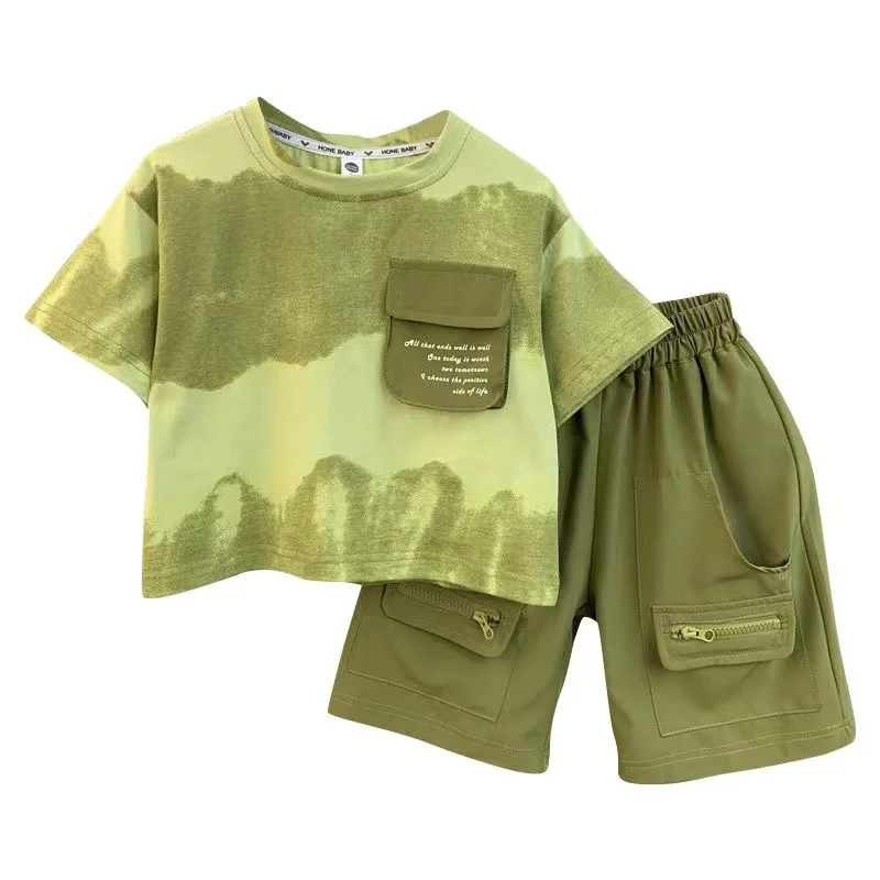 Boys Summer Short Sleeve Fashion Set Kids Pullover Shirt+Pocket Shorts 2pcs Boutique Baby Clothes Children 1-9 Year Sport Set