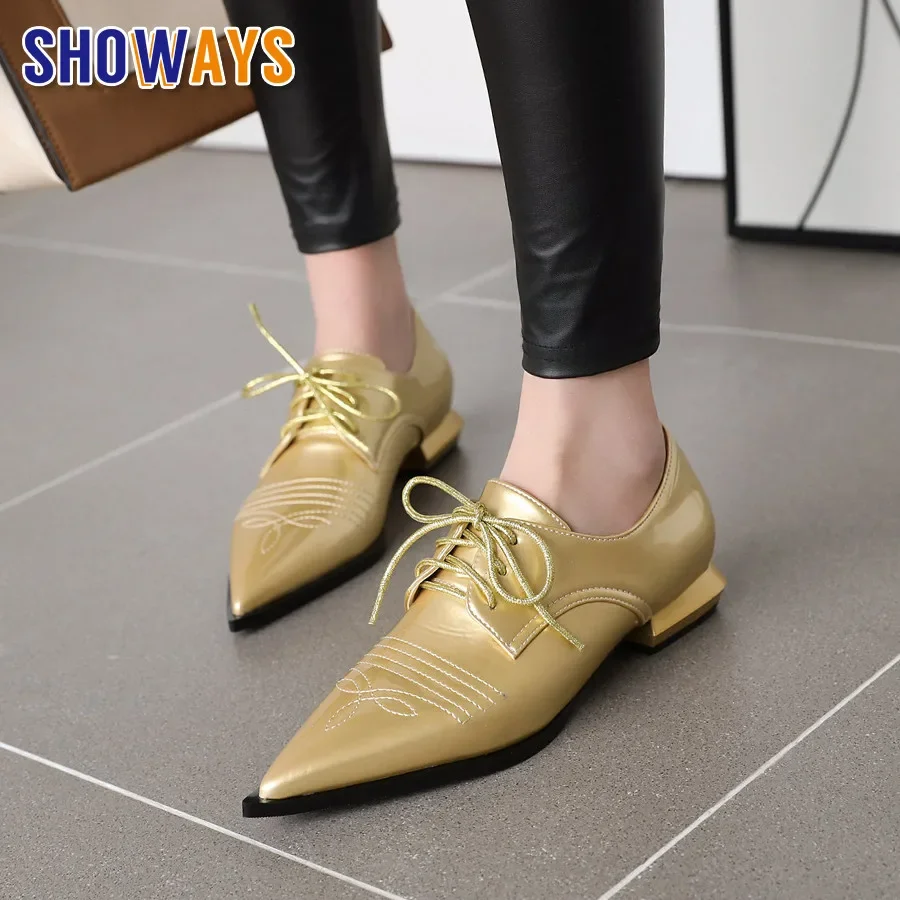 Women Pointed Toe Sewing Oxfords Red Patent Leather Pointed Toe Derbies Square Heel Flats Office Party Lady Lace British Brogues