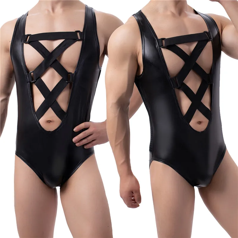 Mens PU Leather Bodysuits Sleeveless Leotard Front Hollow Out Rompers Faux Leather Jumpsuit Wrestling Singlet Nightclub Bodysuit