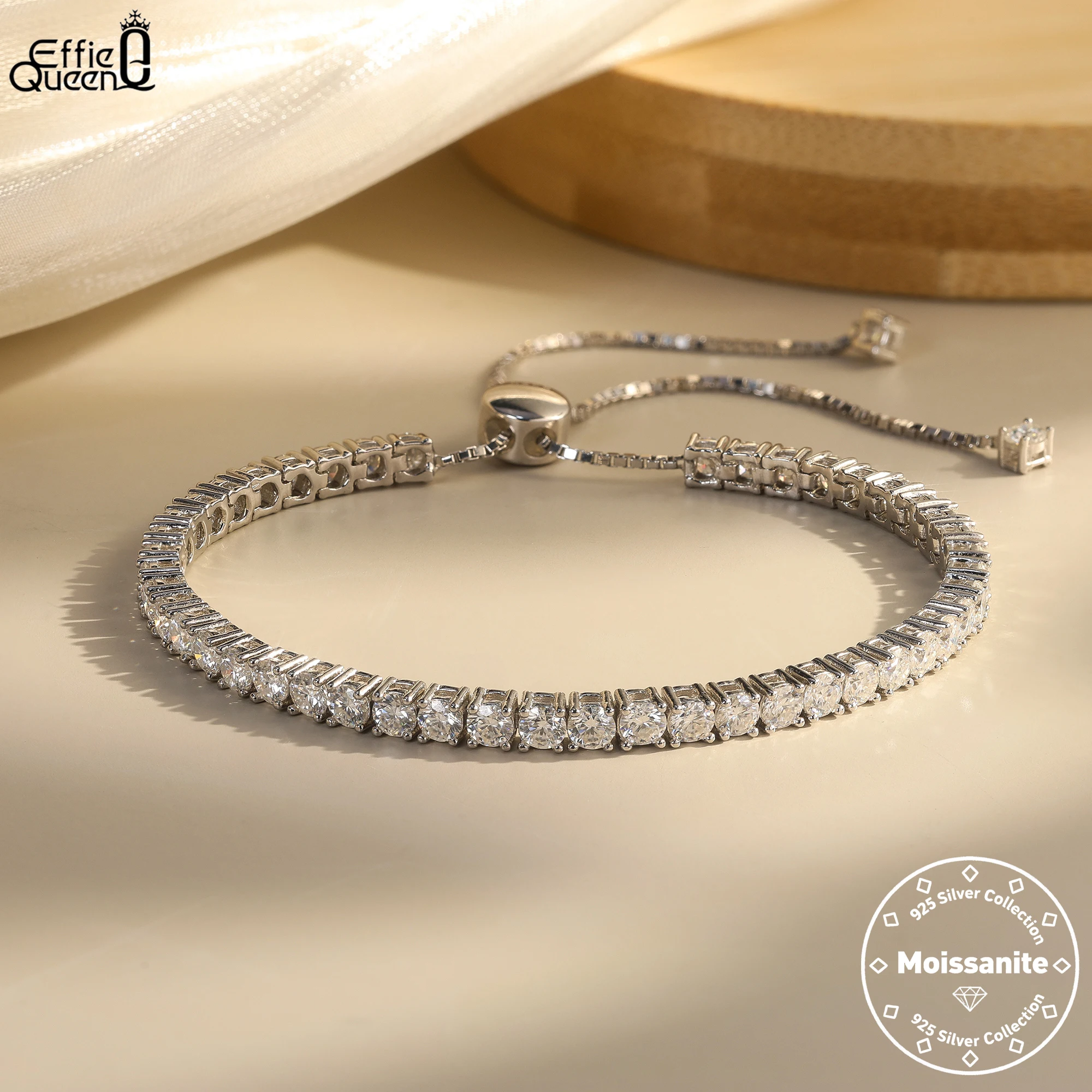 

EFFIE QUEEN 925 Solid Sterling Silver D Color VVS Round-Cut Moissanite Tennis Chain Bracelet Luxury Jewelry for Women Gift MOB02