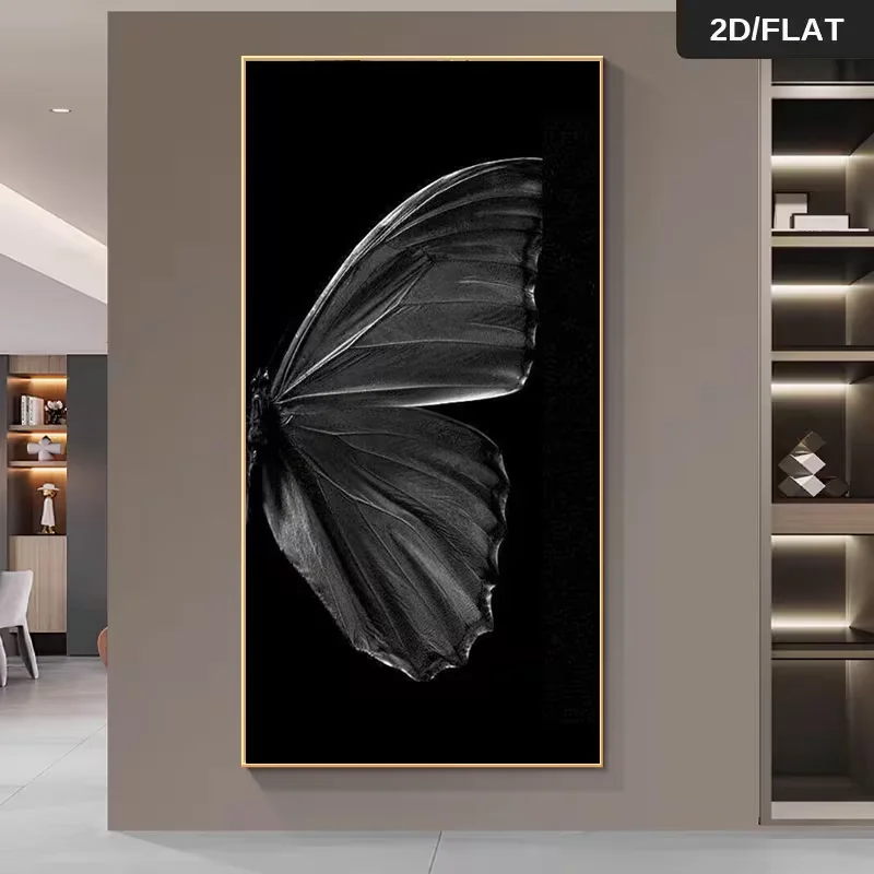 2D Flat, Large Canvas Wall Art Modern Abstract Black Butterfly Wings Canvas Painting - Dark Background Print, Minimalist Decor f