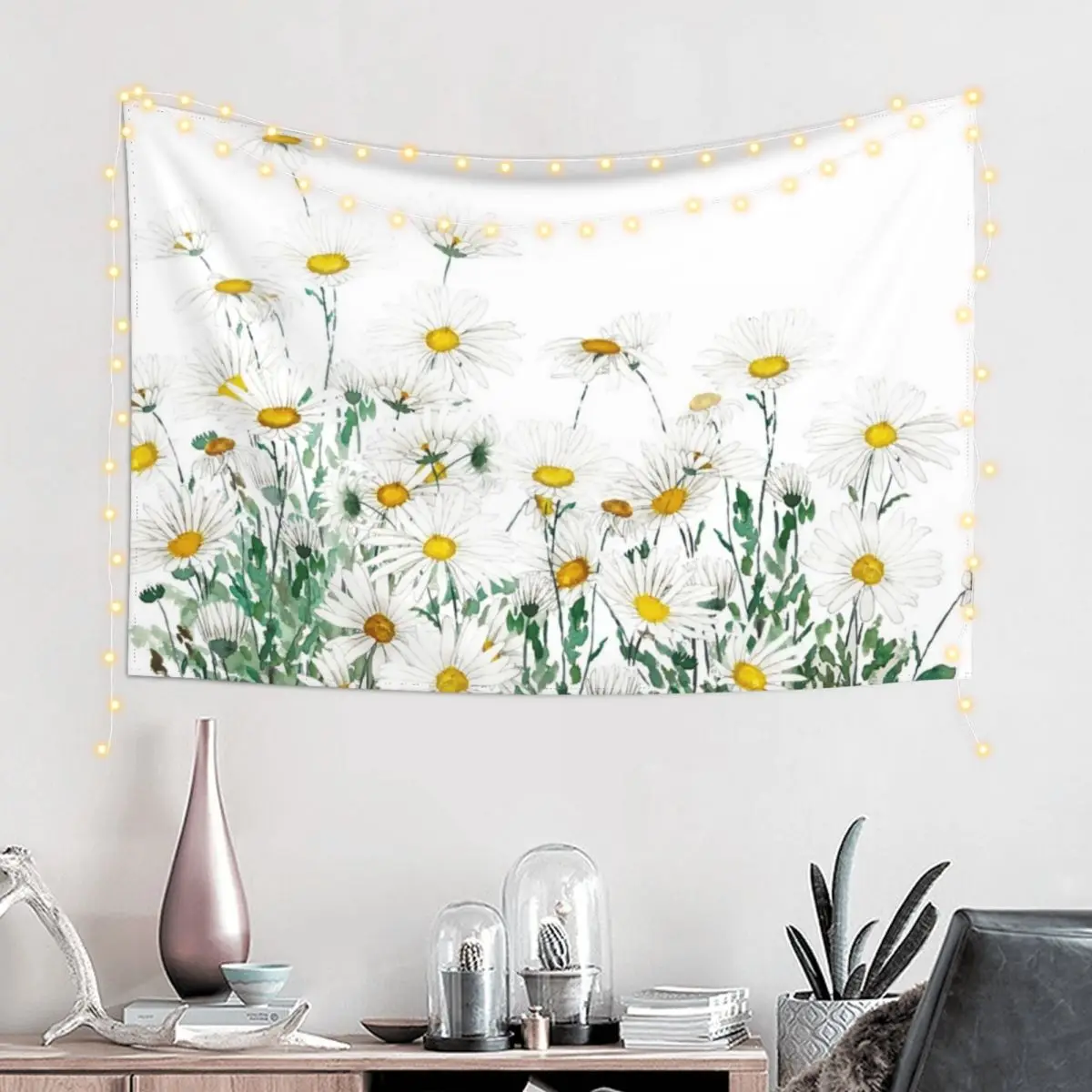 white margaret daisy horizontal watercolor painting Tapestry Room Aesthetic Wall Decoration Items Hanging Wall Tapestry