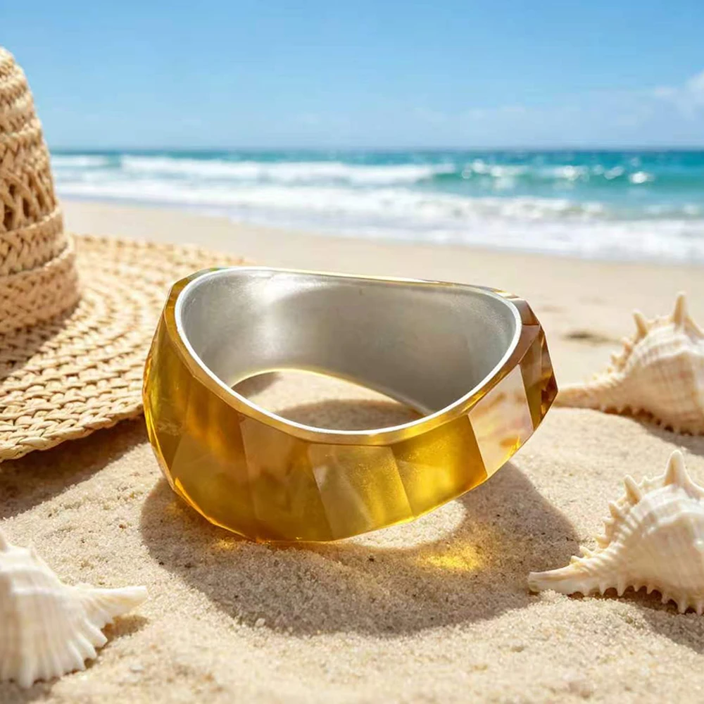 Gold Frosted Faceted Wide Bangle - Irregular Geometric Resin Cuff Bracelet for Women, Statement Translucent Chunky Jewelry,