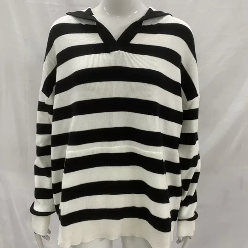 

Корейский INS удобный повседневный полосатый цветной вязаный пуловер с капюшоном, свитер со свободными карманами, топ с длинными рукавами для мужчин и женщин