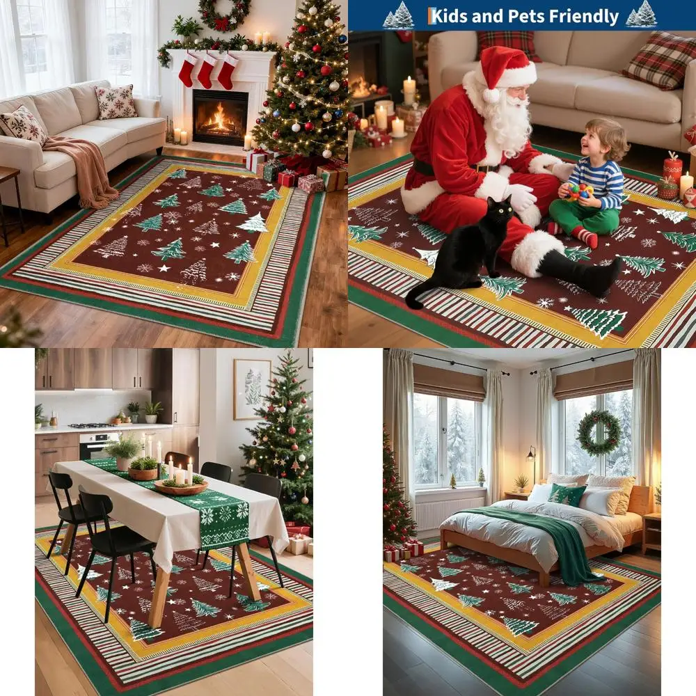 

Christmas Living Room Rug, 8x10 Soft Low Pile Area Rugs for Bedrooms, Featuring Christmas Tree and Snowflake Design Washable