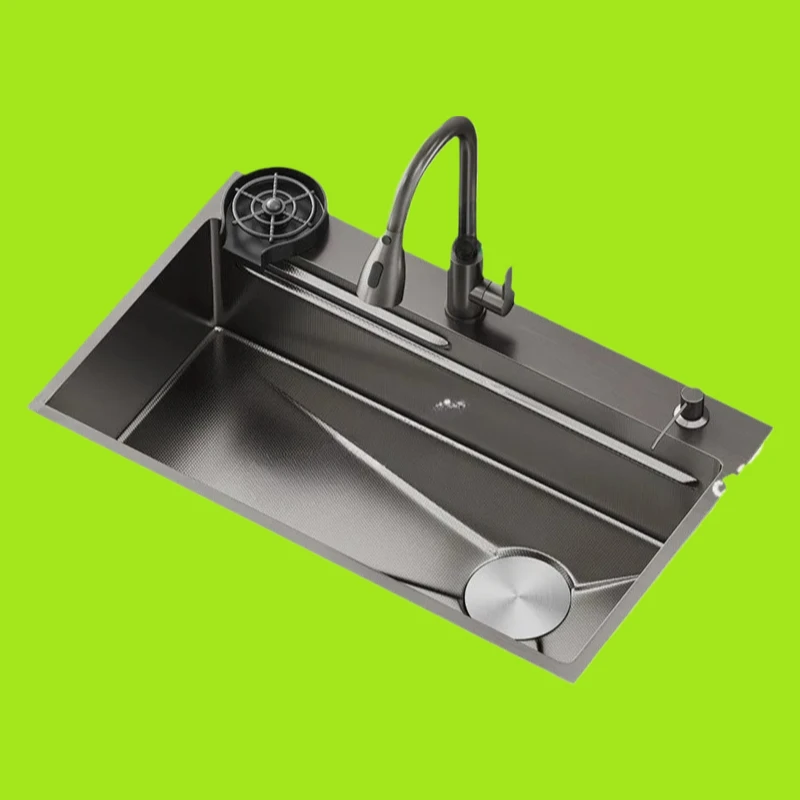 

Kitchen Sink 304 Stainless Steel Large Single Sink Modern Multi-Functional Sink With Waterfall Faucet Wash Basin Under the count