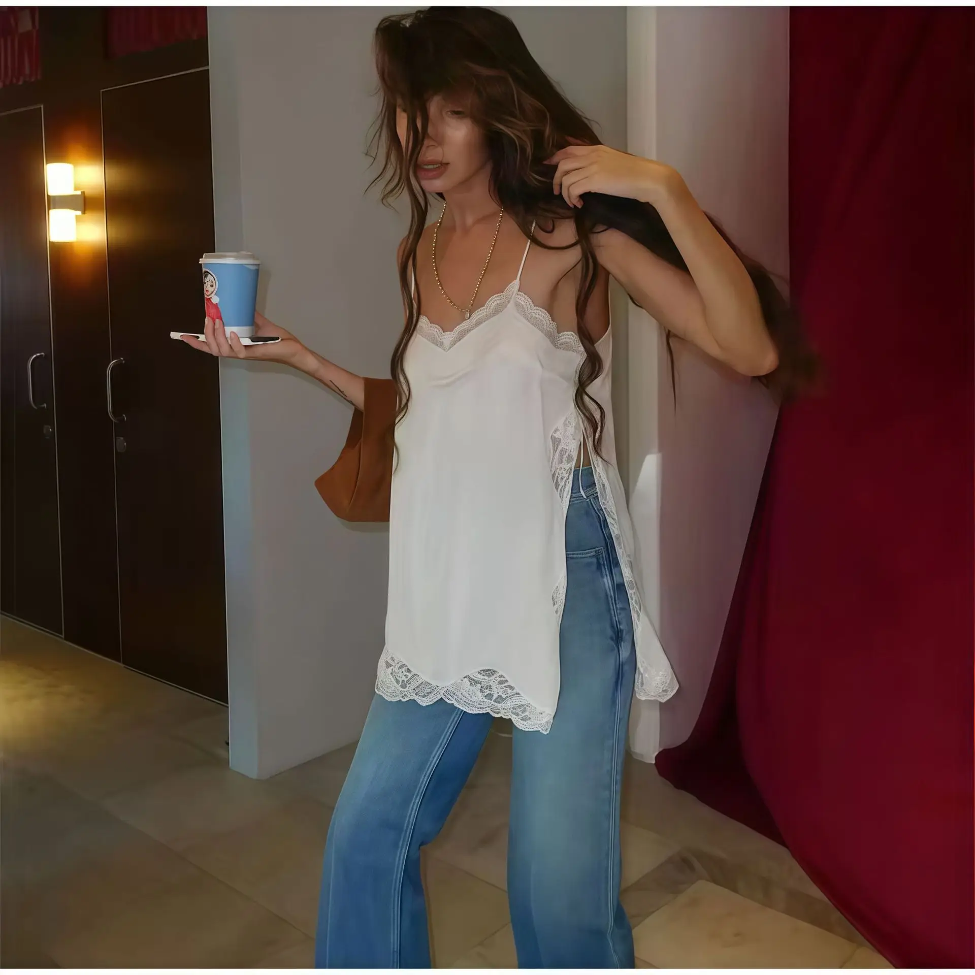 Drunk Sugar New French Lace Cami Top Sheer Perspective Split Sleeveless Vest Sexy Comfortable Slim Camisole For Women Daily Wear