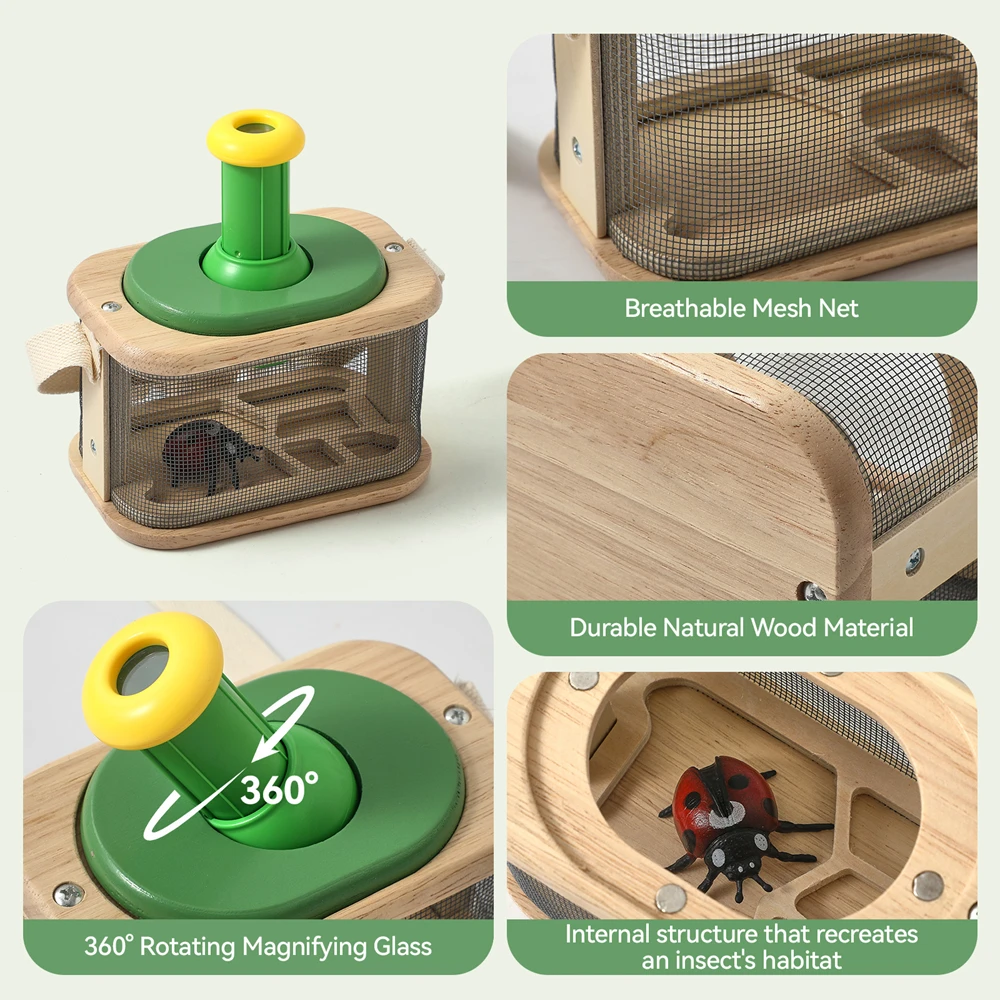 Wooden 360 Rotating Insect Observation Box Kit with Catcher Clip Catching Net Nature Exploration Set for Kids Outdoor Learning
