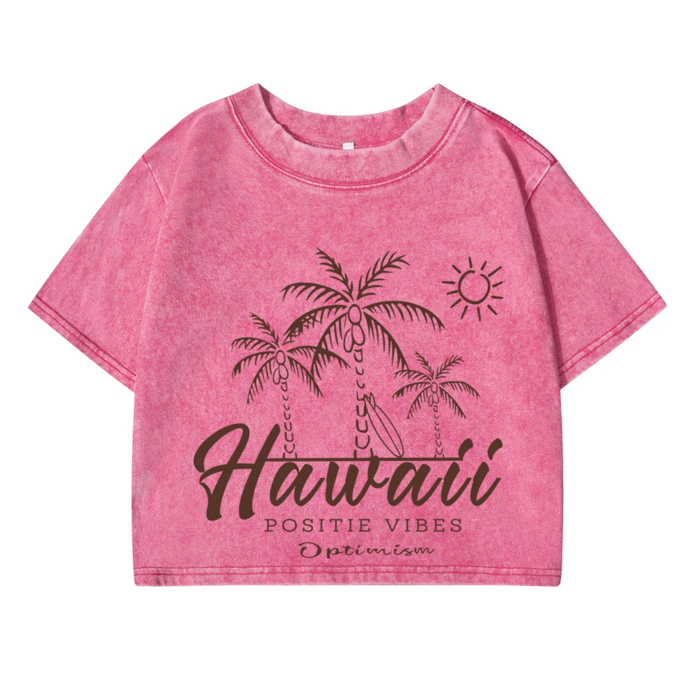 Hawaii Positie Vibes Coconut Tree Beach Print Womans Washed T-Shirts Soft Breathable O-Neck Cotton Tops Summer Female Clothes