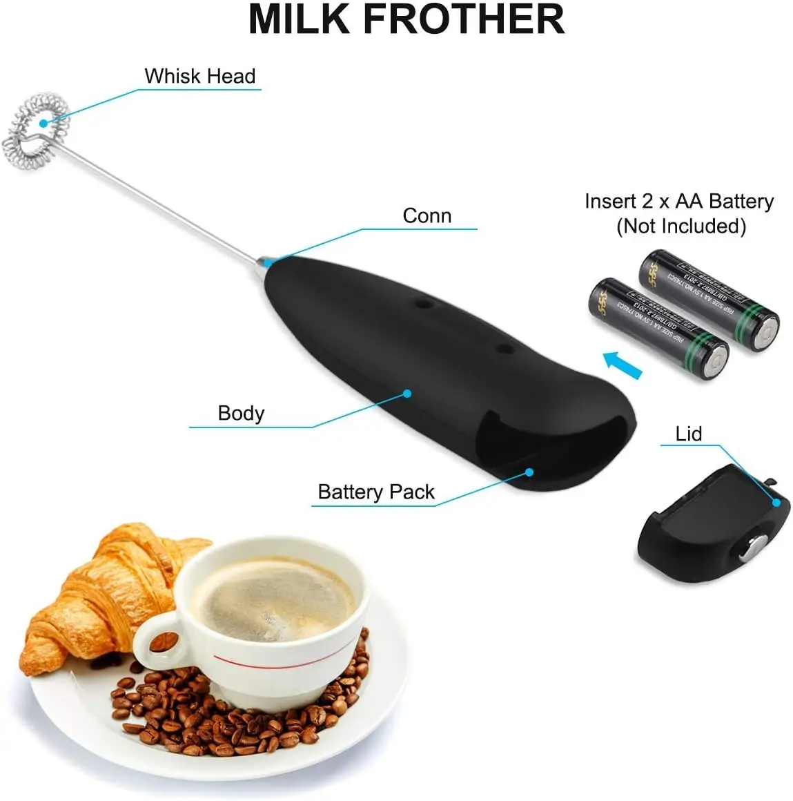Milk Frother  Foam Maker, Battery Operated Mixer Whisk Milk Frother for Coffee, Latte, Cappuccino, Hot Chocolate and Milk