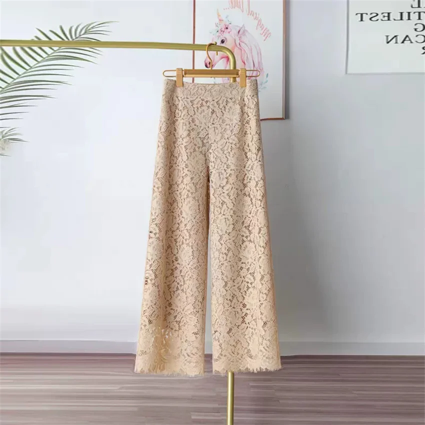 

Gowyimmes 2025 New Fahsion Big Size Women Hollow Out Lace Pants Casual Lady Wide Leg Pant Female Cropped Trousers Outwear LX003