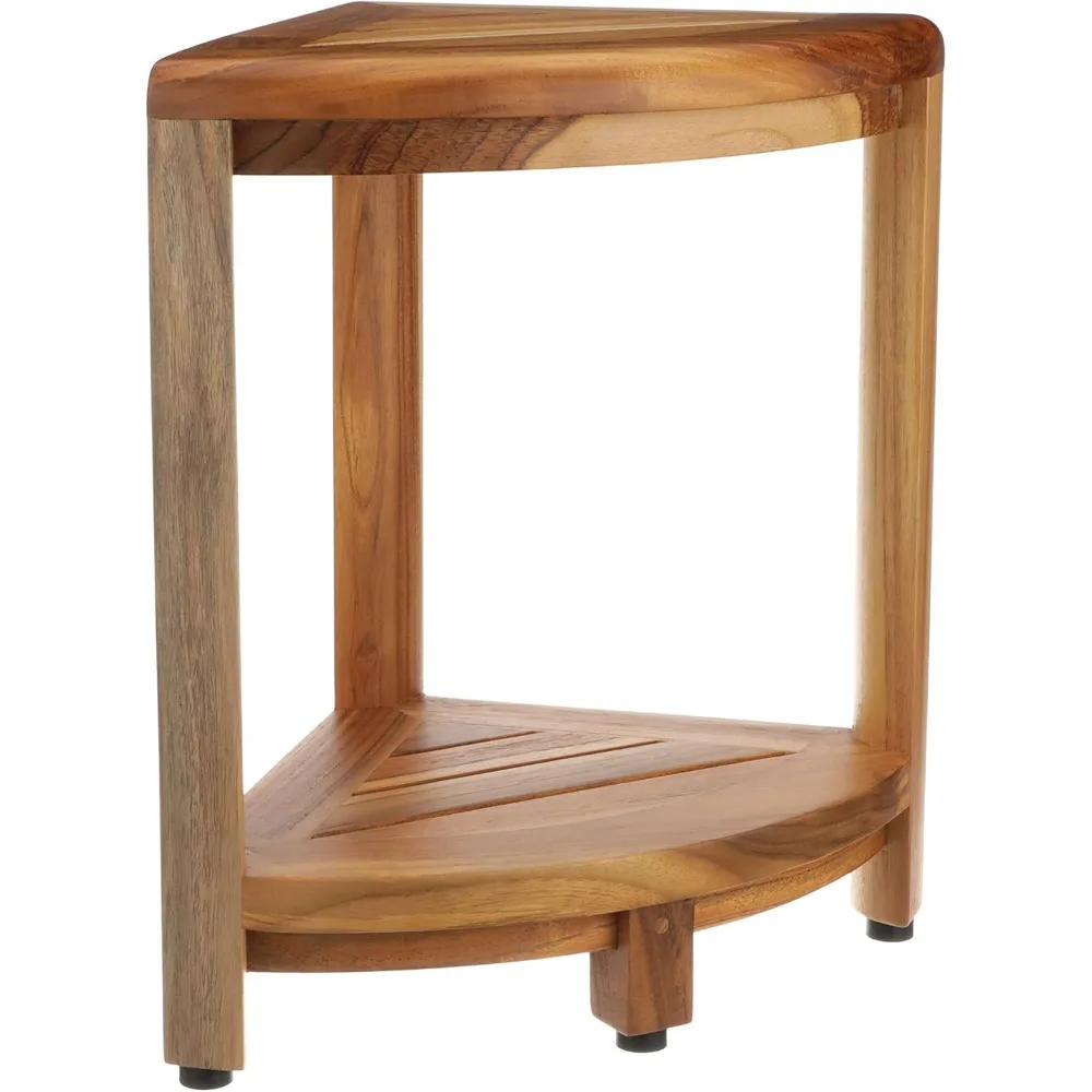 Snazzy Corner Two Tier Natural Color Shelf Waterproof Teak Wood Shower Bench Stool Seat Chair for Inside Shower Provides Safety